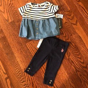 U.S. Polo Assn Baby Girl Baby Top Legging Outfit Set Size 6/9 monts NWT